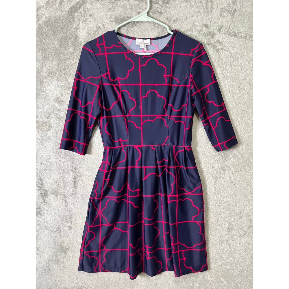 Jude Connally Navy Pink Geometric Print Fit & Flare Dress Preppy Mod Classic‎ XS